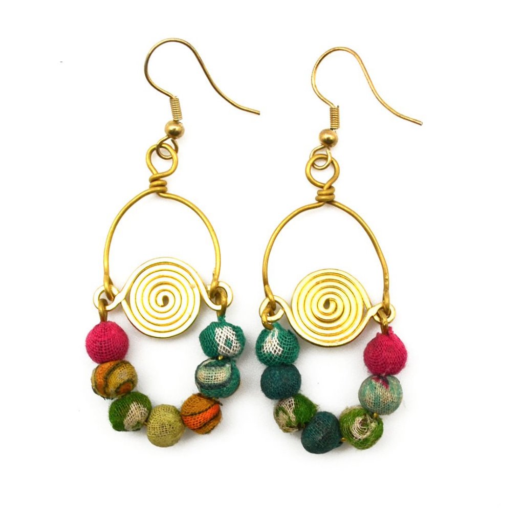 Anju Aasha Recycled Indian Saris Beaded Swirl Earrings 23$